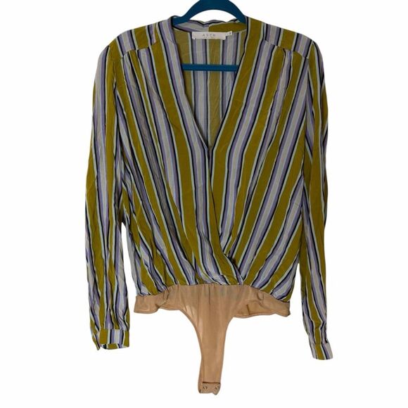 Astr The Label Quinn Bodysuit Wrap Blouse Stripe Gold Purple L pm - Picture 5 of 11